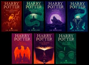Book covers for all seven Harry Potter books by JK Rowling.