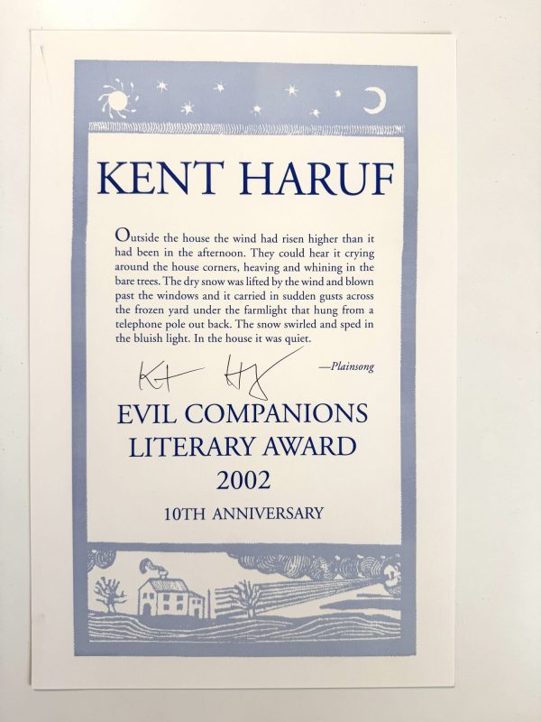 Blue and cream broadside of Kent Haruf's Evil Companions Literary Award.