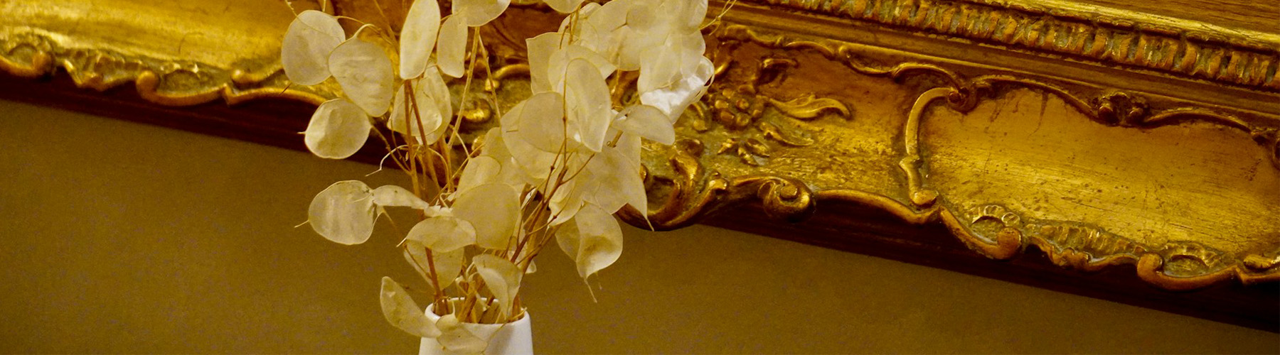 Dried plant with white leaves in front of a golden frame.