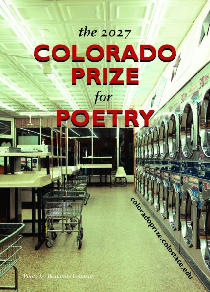 Image of a laundromat with red text reading "The 2027 Colorado Prize for Poetry"